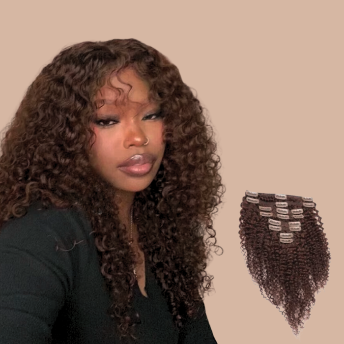 100% Natuurlijke Afro Krullend Chocolade Clip-In Extensions